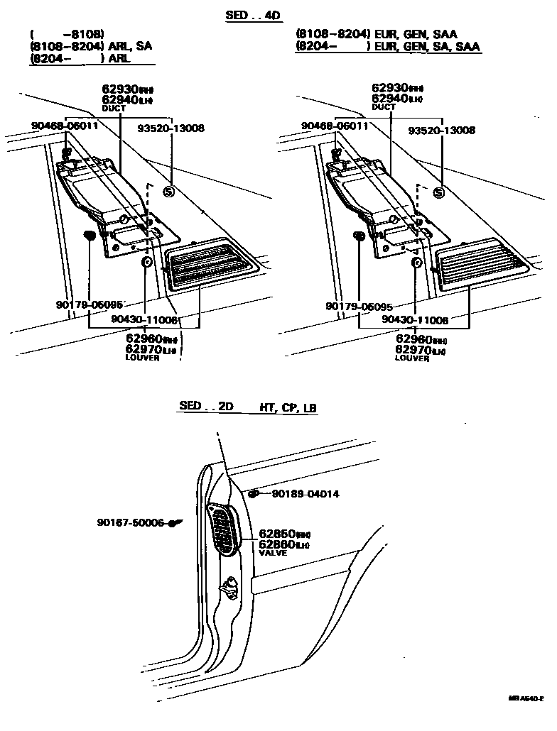 Toyota COROLLA 车侧通风装置 EPC diagram — MBA540E