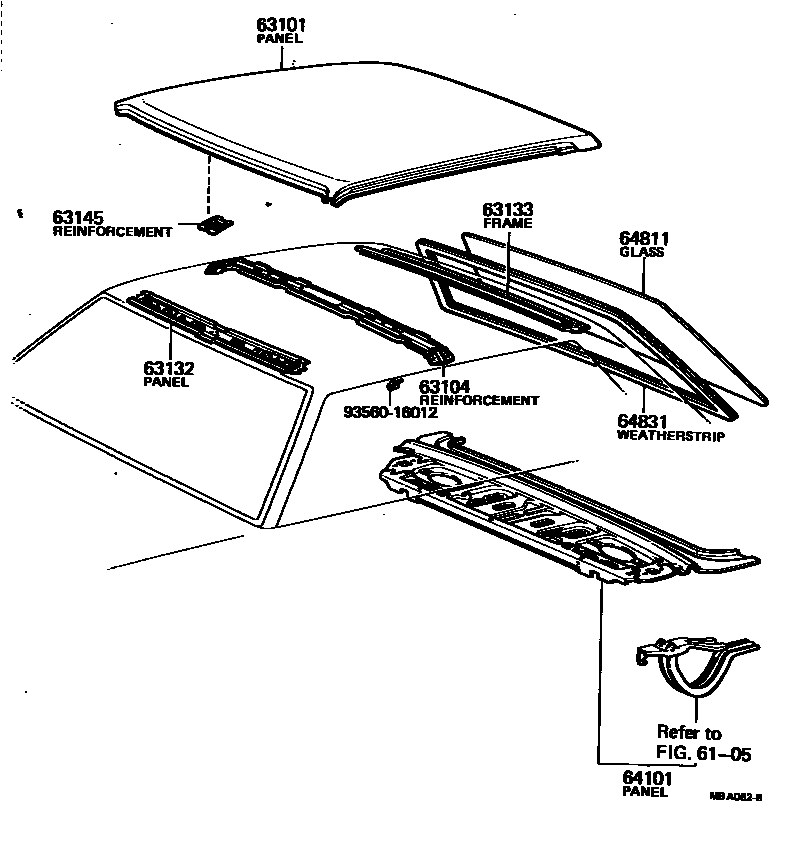 Toyota COROLLA 天窗板和背窗玻璃 EPC diagram — MBA062B