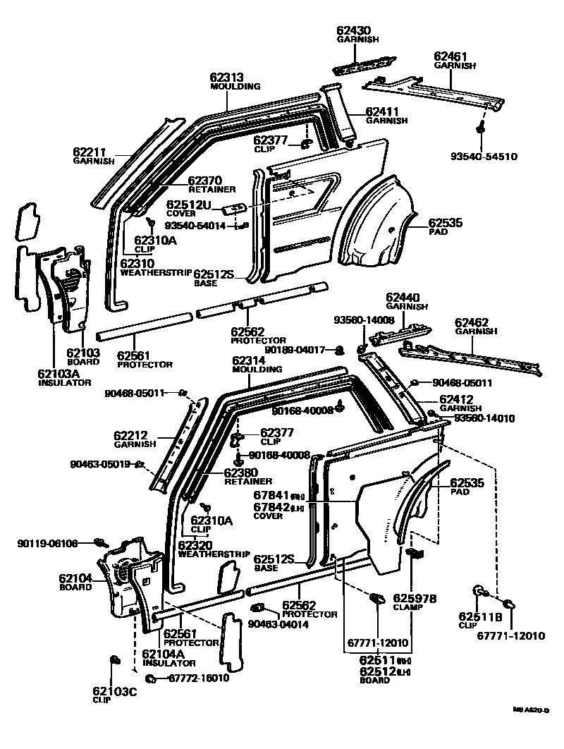 Toyota COROLLA 内饰板和车门防水胶条 EPC diagram — MBA620D