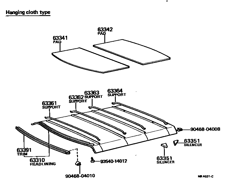 Toyota COROLLA 车顶内衬和消声垫 EPC diagram — MBA631C