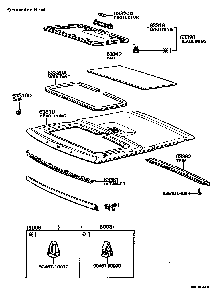 Toyota COROLLA 车顶内衬和消声垫 EPC diagram — MBA633C