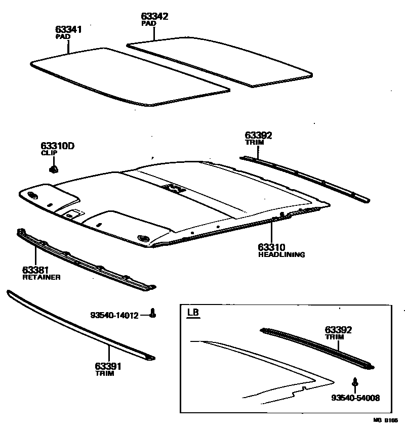Toyota COROLLA 车顶内衬和消声垫 EPC diagram — MBB166