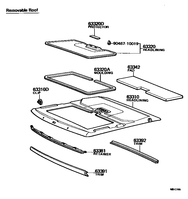 Toyota COROLLA 车顶内衬和消声垫 EPC diagram — MBC765