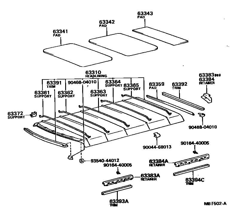 Toyota COROLLA 车顶内衬和消声垫 EPC diagram — MBF502A