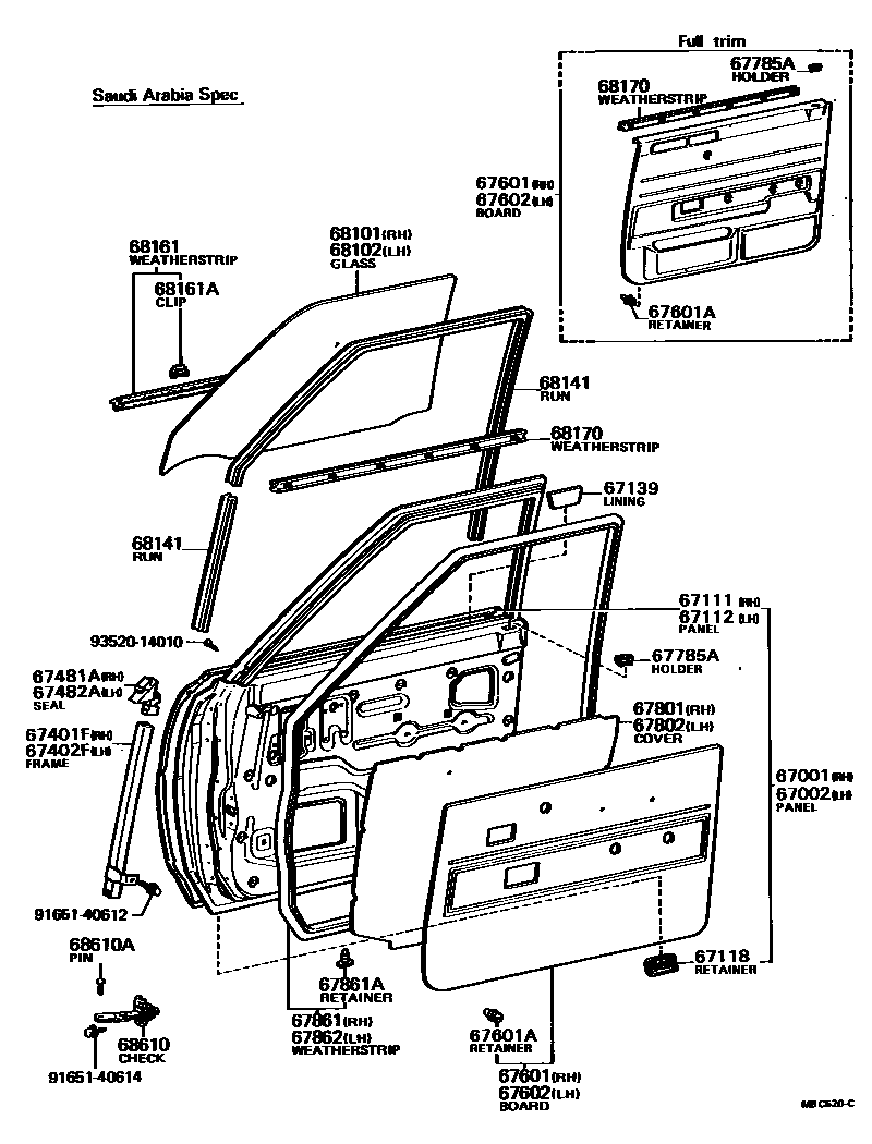 Toyota COROLLA 前门板和前门玻璃 EPC diagram — MBC520C