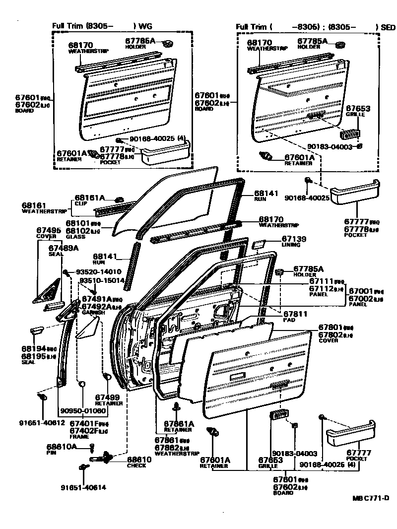 Toyota COROLLA 前门板和前门玻璃 EPC diagram — MBC771D