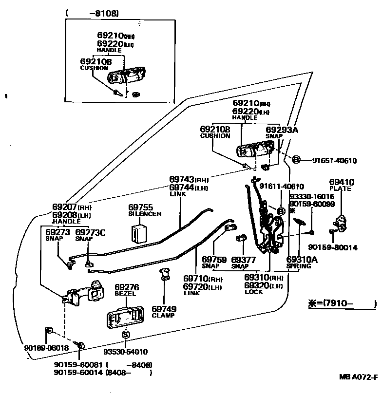 Toyota COROLLA 前门锁和车门把手 EPC diagram — MBA072F