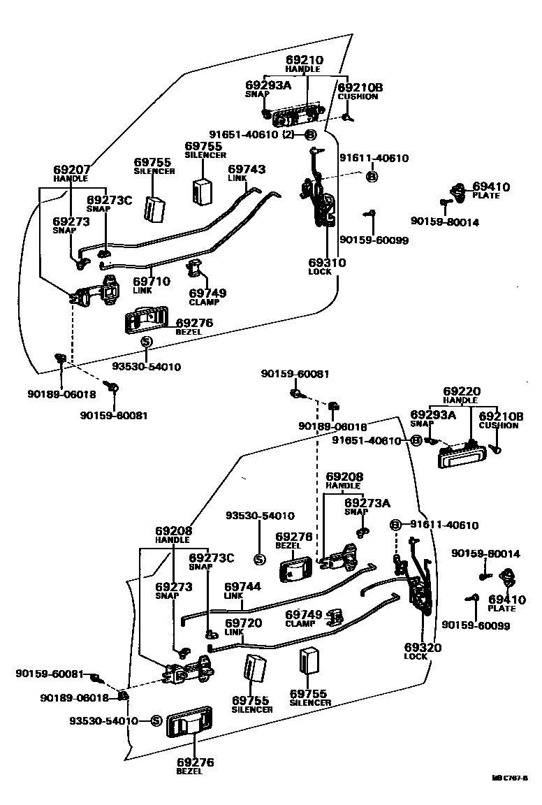 Toyota COROLLA 前门锁和车门把手 EPC diagram — MBC767B