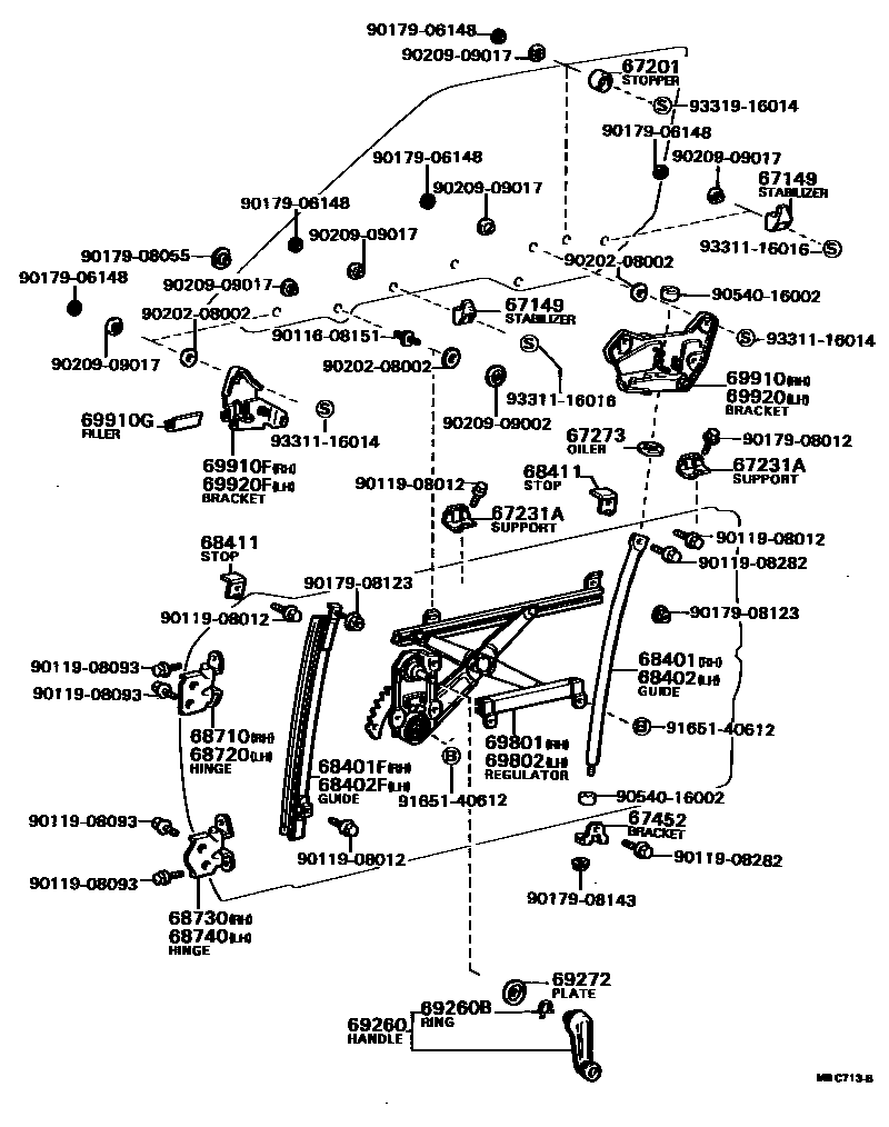Toyota COROLLA 前门车窗升降器和合页 EPC diagram — MBC713B