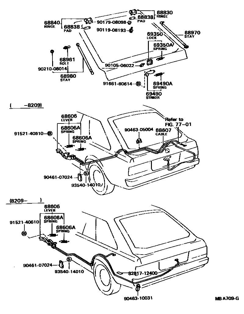 Toyota COROLLA 背门锁和背门把手 EPC diagram — MBA709G