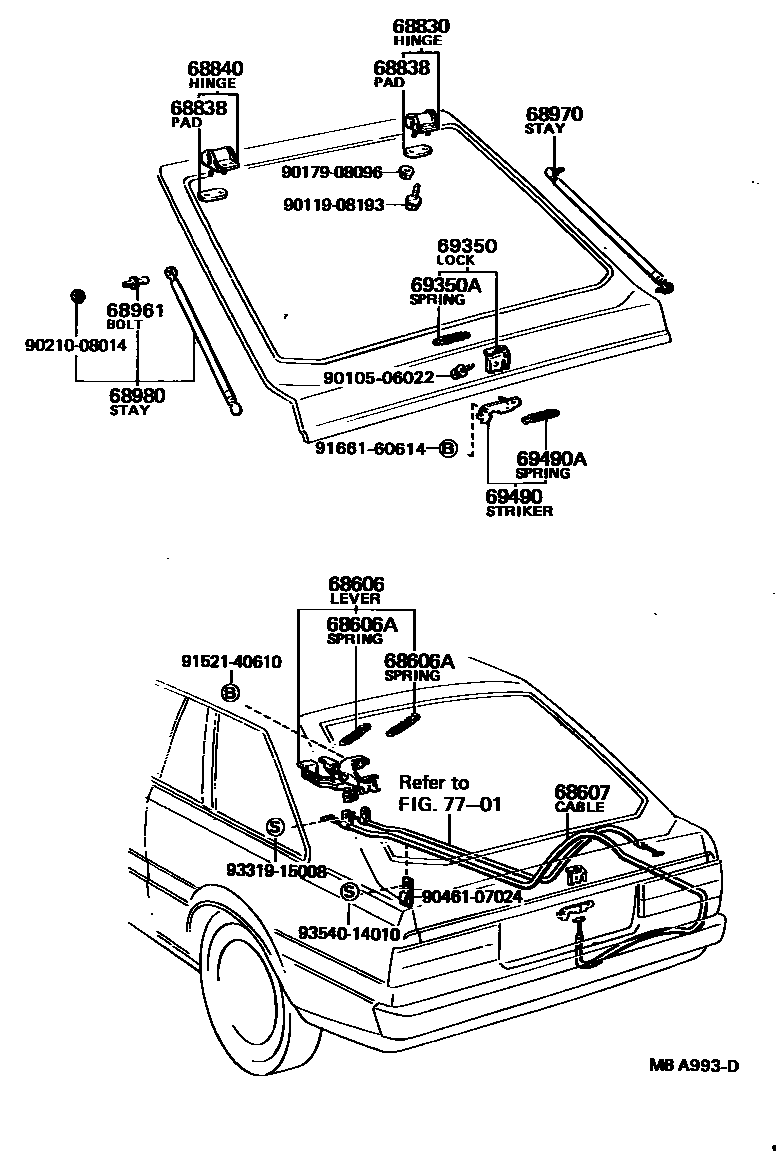 Toyota COROLLA 背门锁和背门把手 EPC diagram — MBA933D