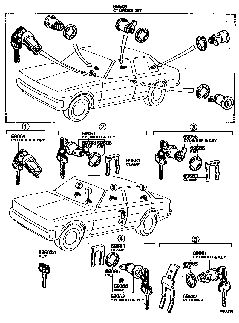 Toyota COROLLA 锁芯组件 EPC diagram — MBA636