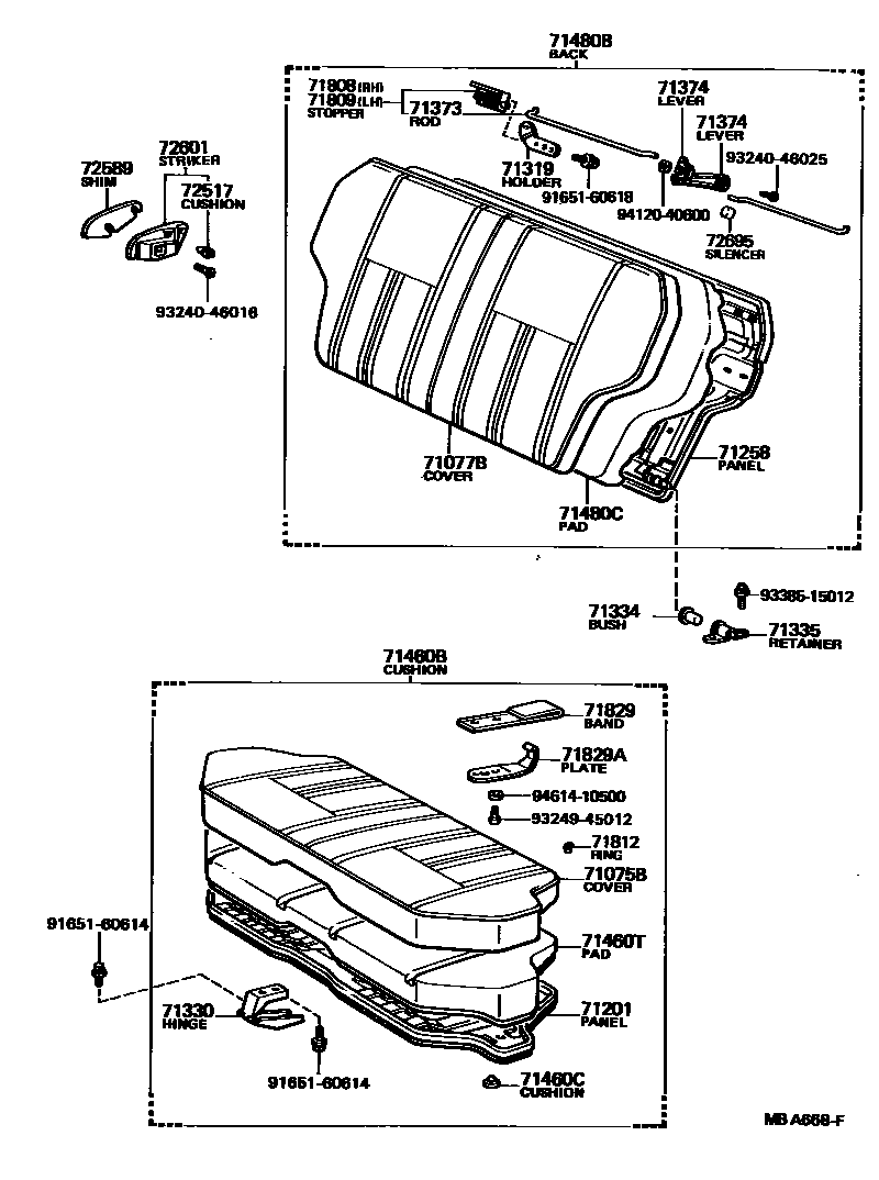 Toyota COROLLA 后排座椅和座椅滑轨 EPC diagram — MBA668F