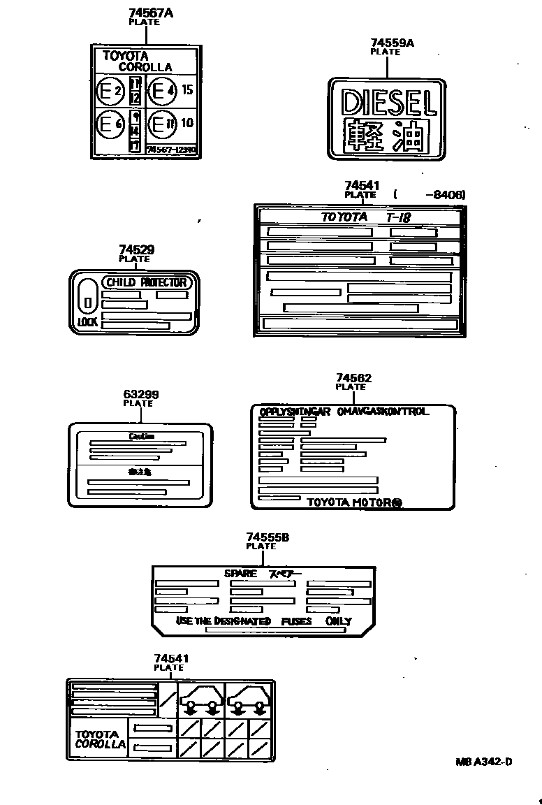 Toyota COROLLA 警示铭牌(车外和车内) EPC diagram — MBA342D