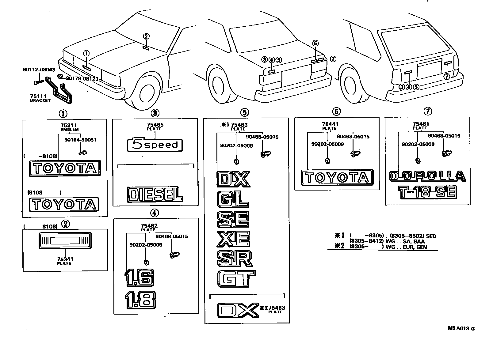 Toyota COROLLA 丰田徽标和铭牌(车外和车内) EPC diagram — MBA613G
