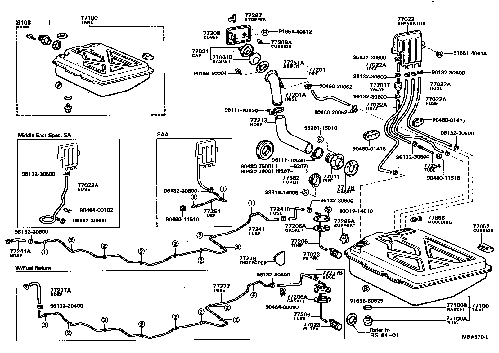Toyota COROLLA 燃油箱和燃油管 EPC diagram — MBA570L