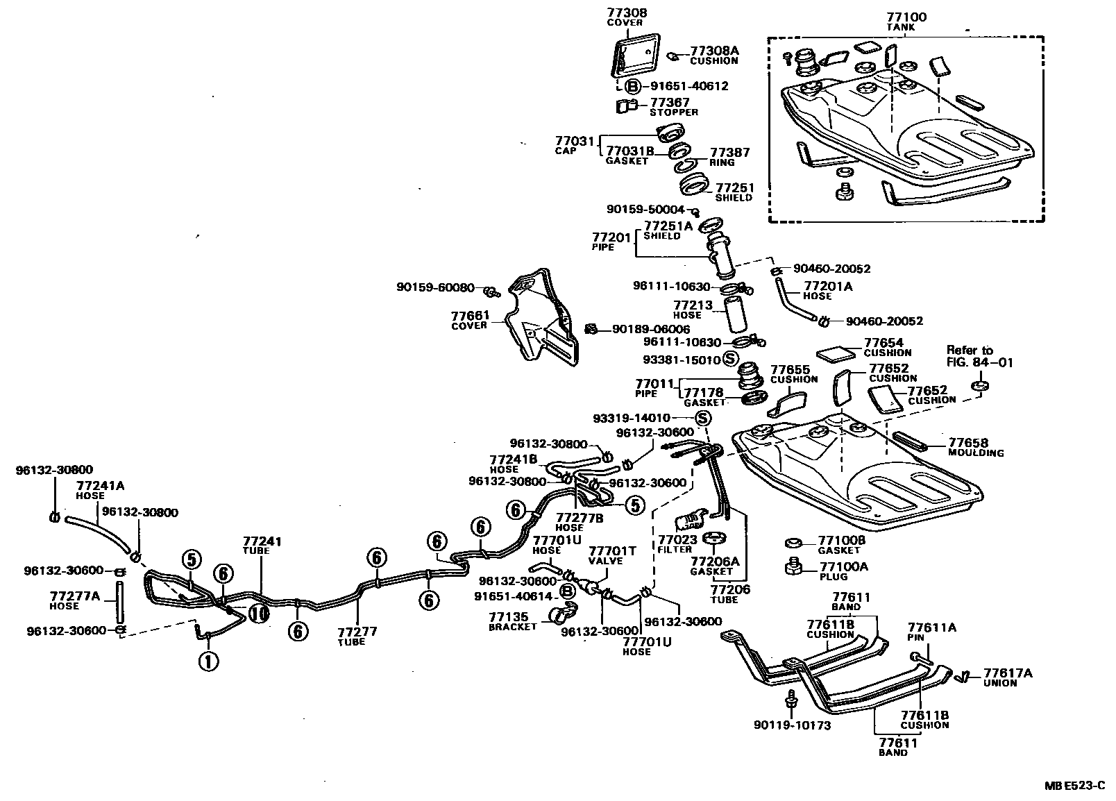 Toyota COROLLA 燃油箱和燃油管 EPC diagram — MBE523C