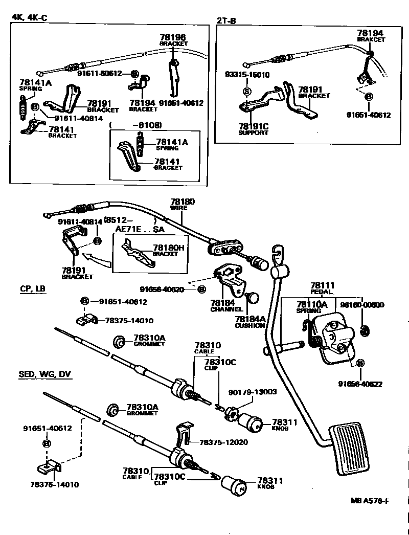 Toyota COROLLA accelerator pedal connecting rod EPC diagram — MBA576F