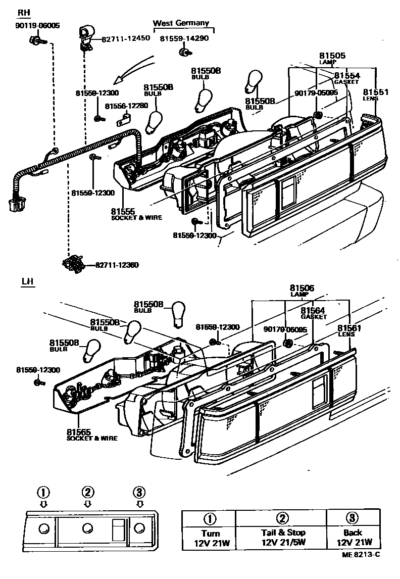 Toyota COROLLA 后组合灯 EPC diagram — ME8213C