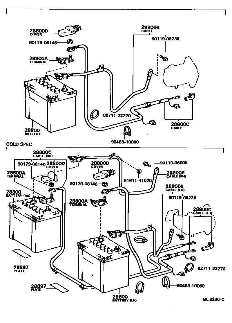 Toyota COROLLA 蓄电池和蓄电池电缆 EPC diagram — MEB286C