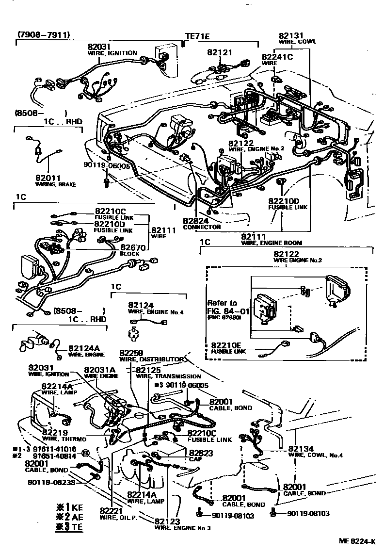 Toyota COROLLA 线束和卡夹 EPC diagram — ME8224K