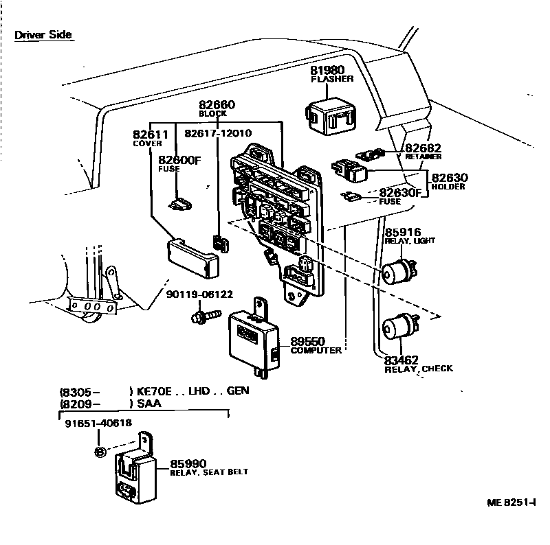 Toyota COROLLA 开关和继电器和ECU EPC diagram — ME8251I
