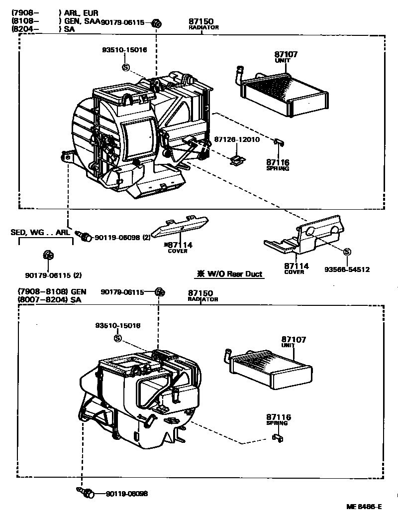 Toyota COROLLA 暖风和空调系统 - 加热装置和鼓风机 EPC diagram — ME8466E