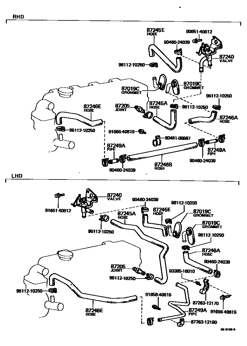 Toyota COROLLA 暖风和空调系统 - 水管 EPC diagram — ME8186B