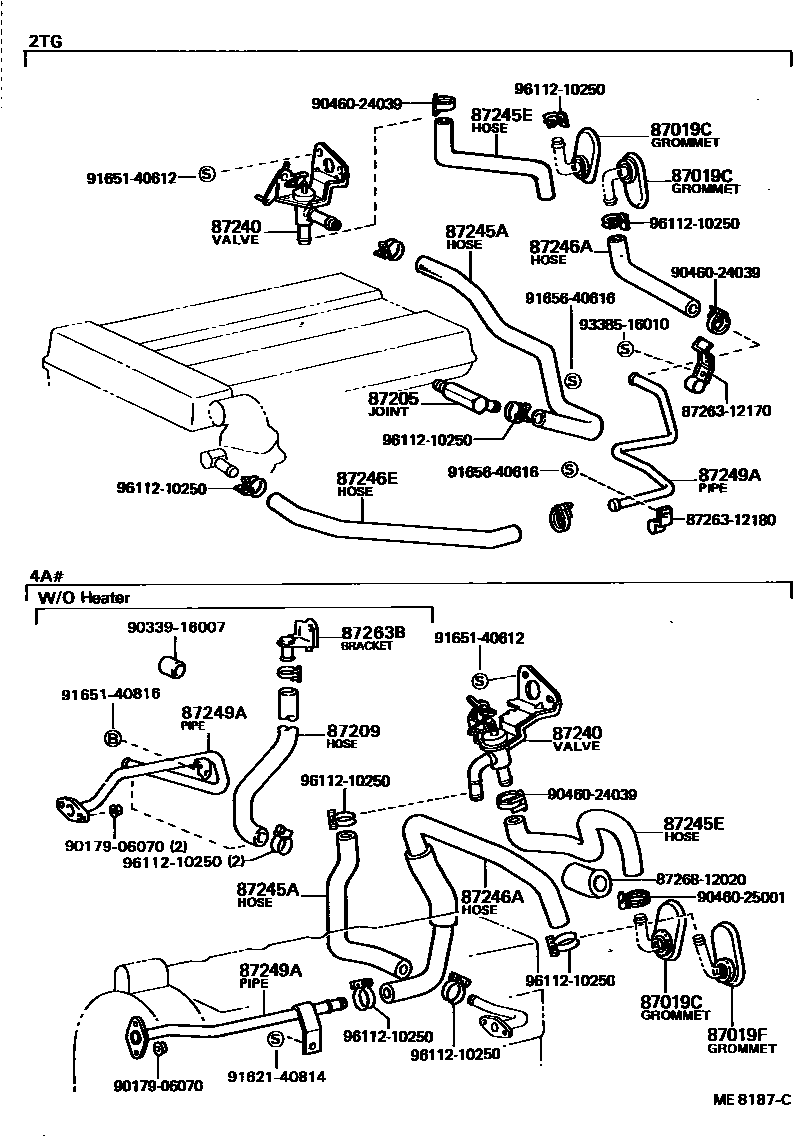 Toyota COROLLA 暖风和空调系统 - 水管 EPC diagram — ME8187C
