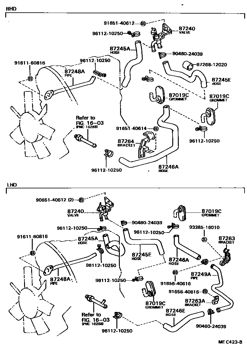 Toyota COROLLA 暖风和空调系统 - 水管 EPC diagram — MEC423B