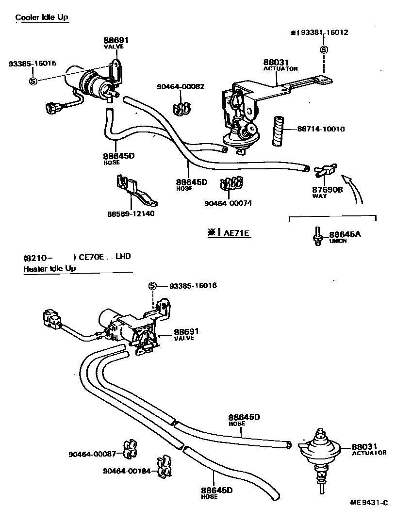 Toyota COROLLA 暖风和空调系统 - 真空管 EPC diagram — ME9431C