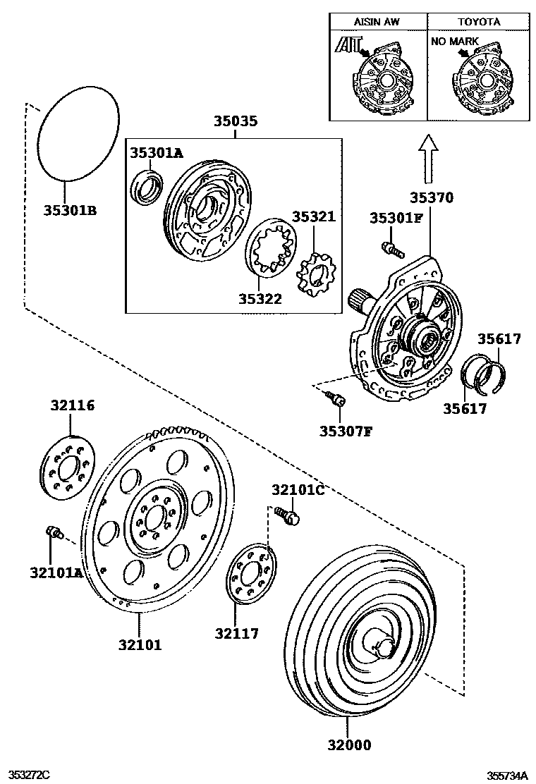 Toyota CAMRY 变矩器、前油泵和链条(ATM) EPC diagram — 355734A