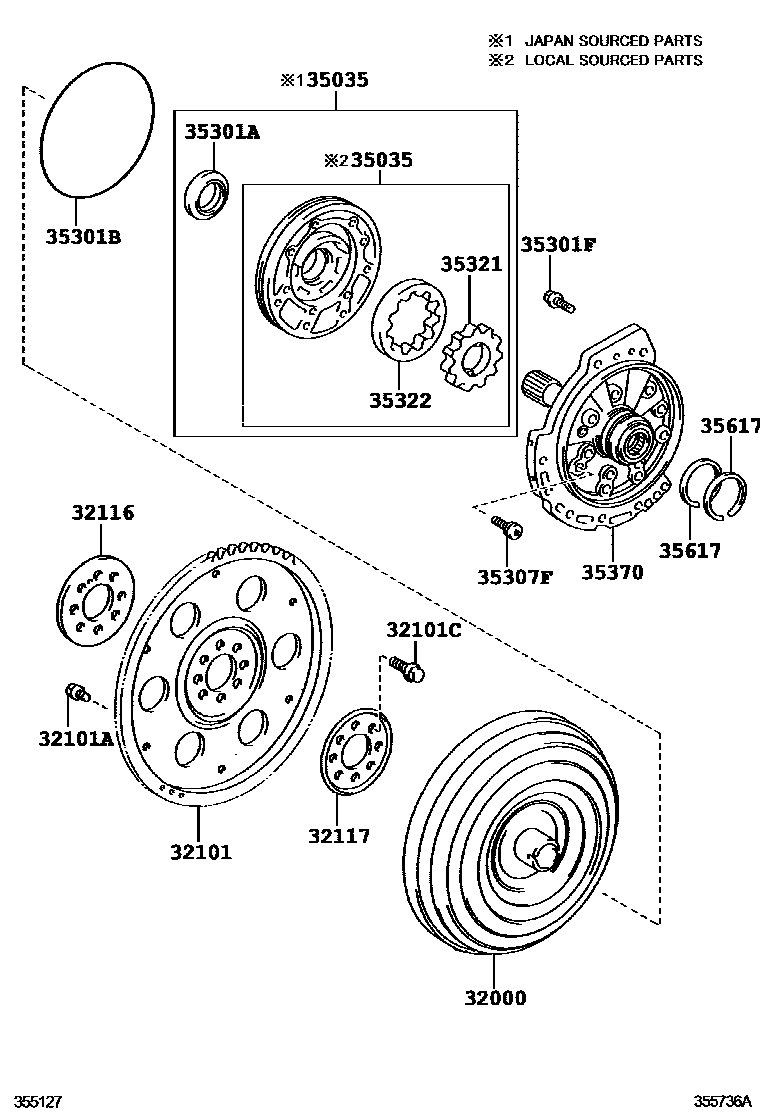 Toyota CAMRY 变矩器、前油泵和链条(ATM) EPC diagram — 355736A