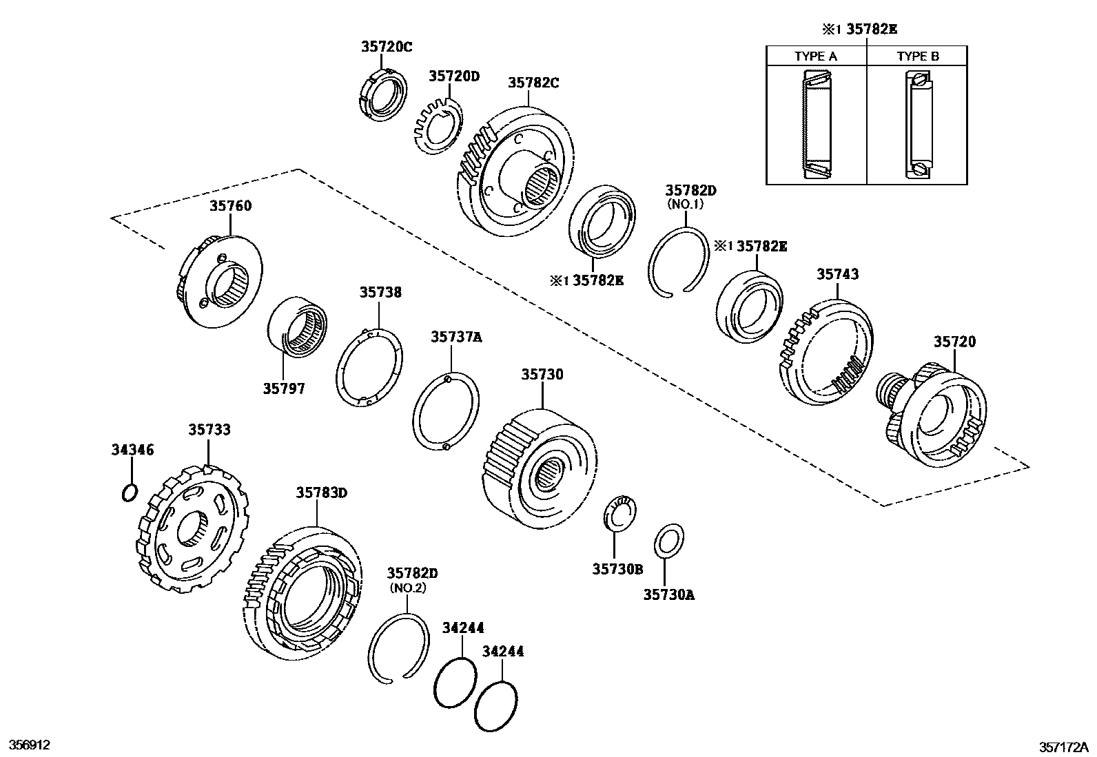 Toyota CAMRY 行星齿轮、倒档活塞和中间轴齿轮(ATM) EPC diagram — 357172A