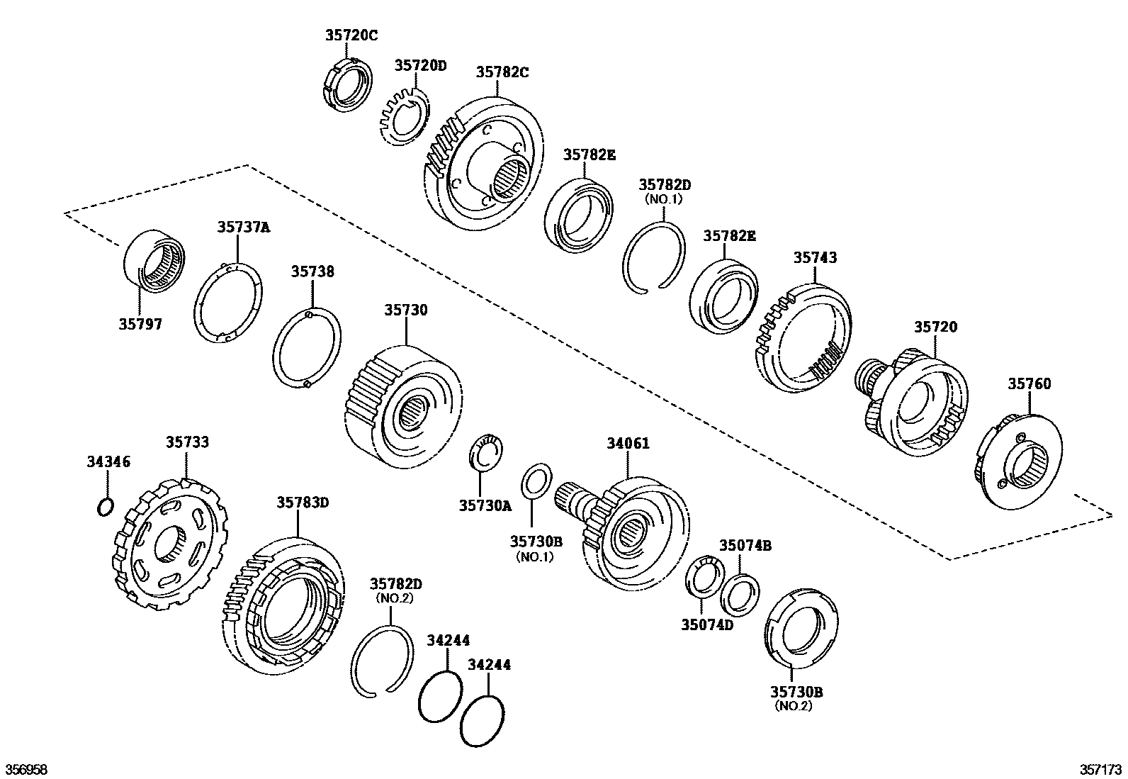 Toyota CAMRY 行星齿轮、倒档活塞和中间轴齿轮(ATM) EPC diagram — 357173