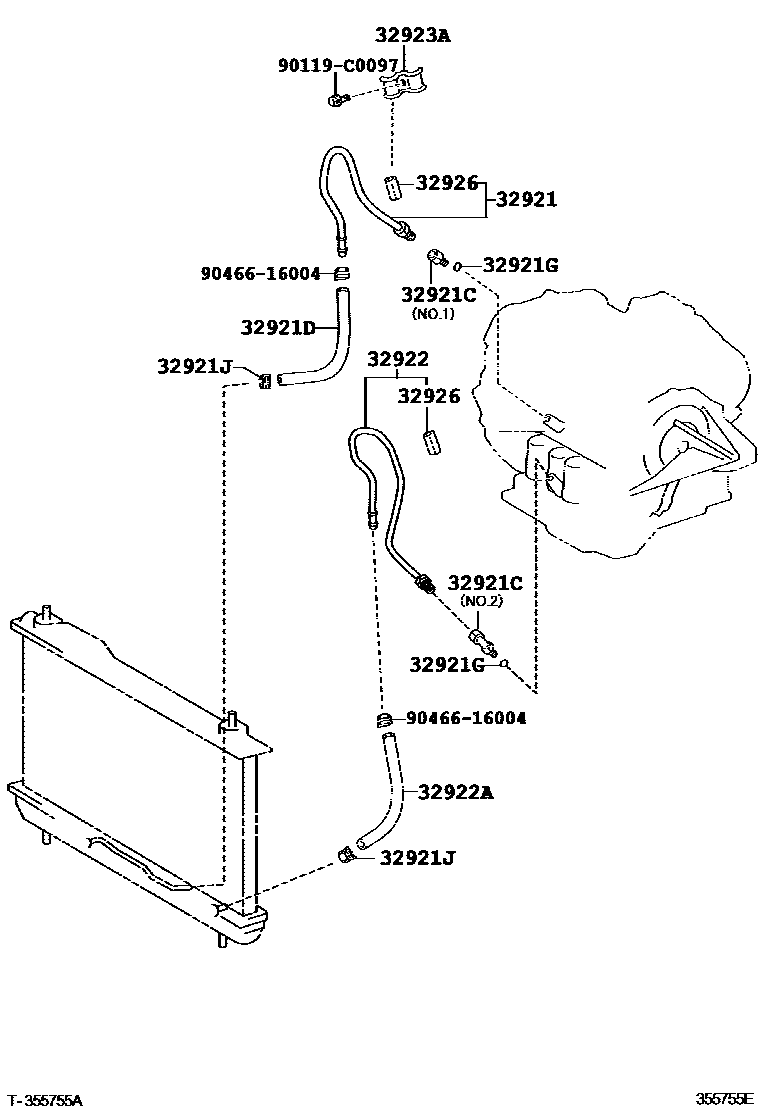 Toyota CAMRY 变速器油冷却器和配管(ATM) EPC diagram — 355755E