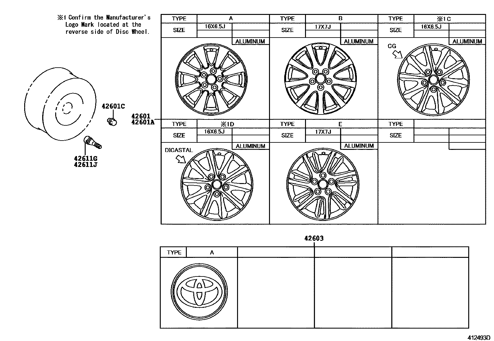 Toyota CAMRY 车轮和车轮盖 EPC diagram — 412493D