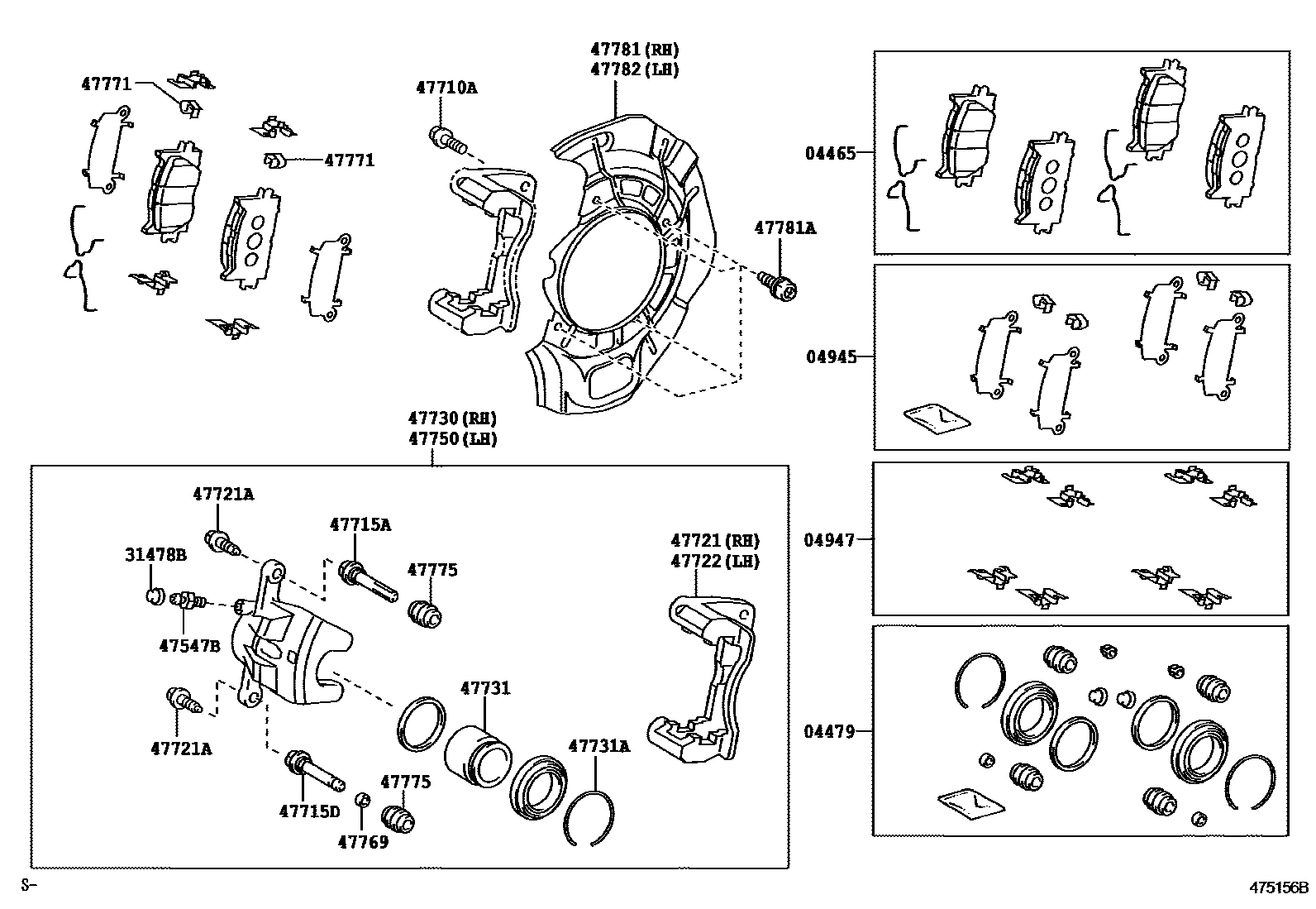 Toyota CAMRY 前盘式制动器卡钳和防尘罩 EPC diagram — 475156B
