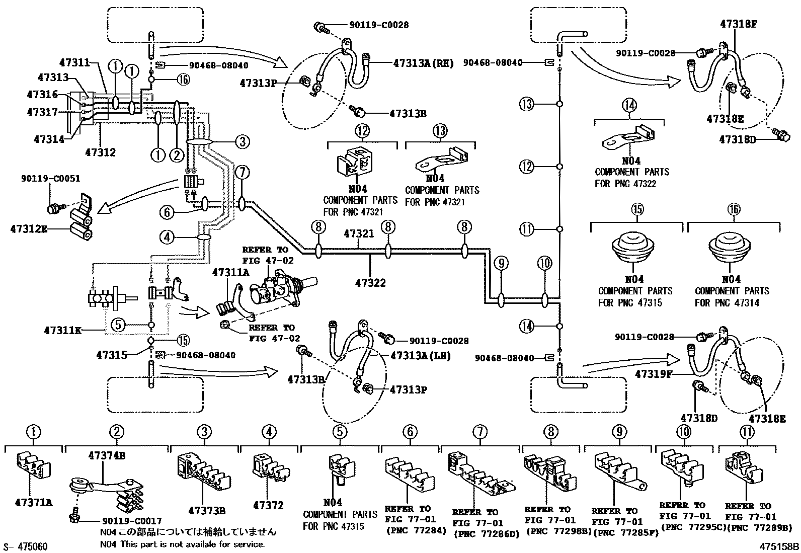 Toyota CAMRY 制动配管和卡箍 EPC diagram — 475158B