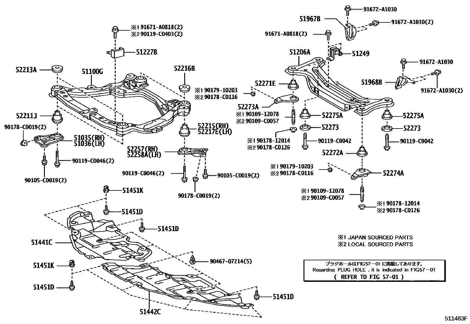 Toyota CAMRY 悬架横梁和发动机底罩 EPC diagram — 511483F