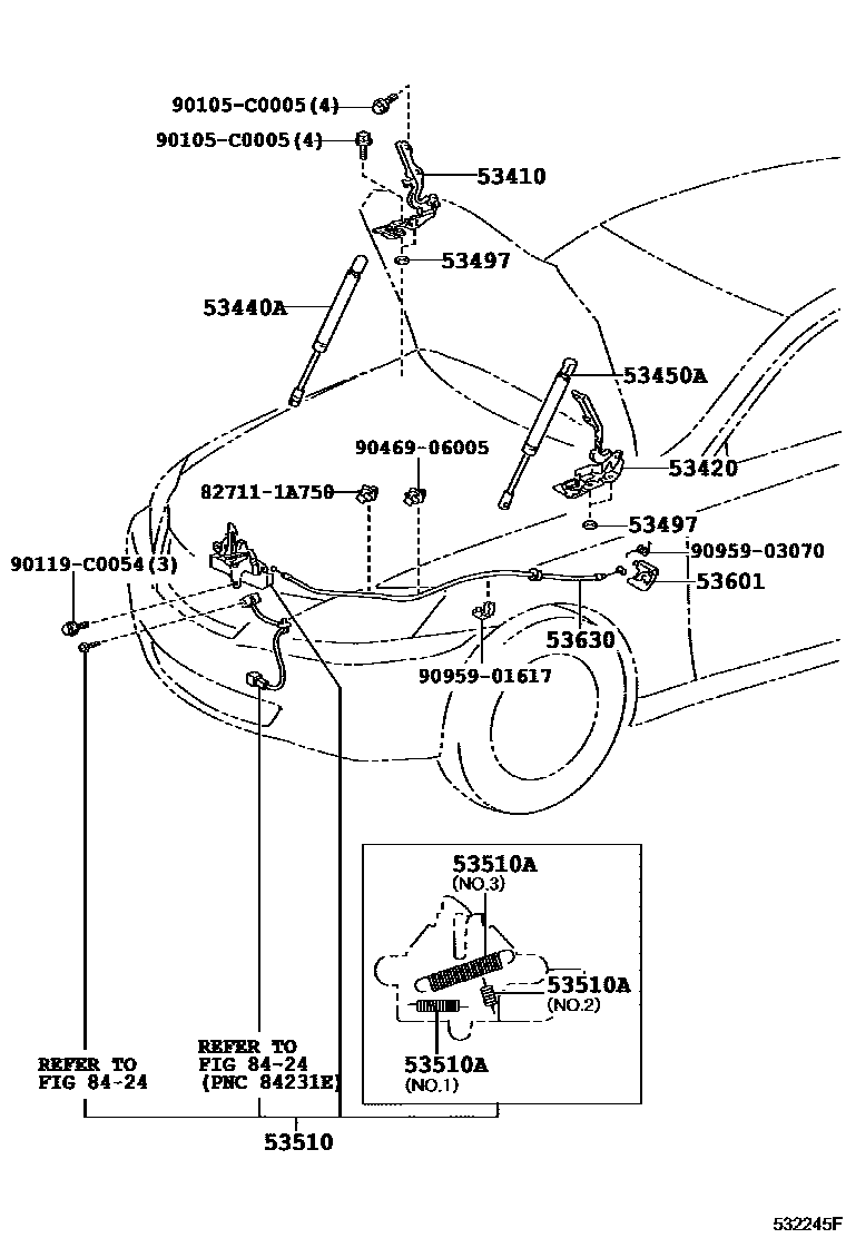 Toyota CAMRY 发动机盖锁和铰链 EPC diagram — 532245F