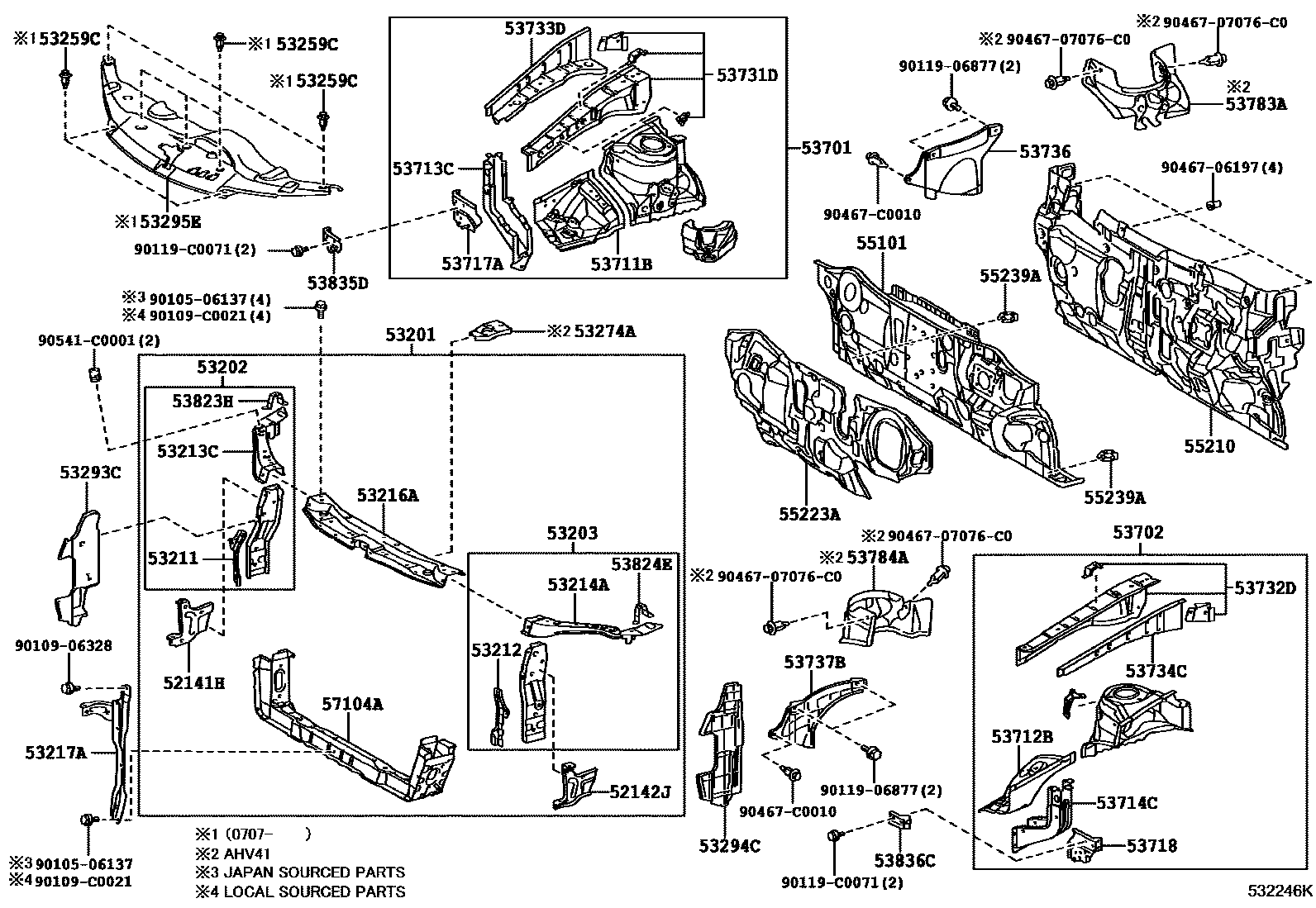 Toyota CAMRY 前翼子板挡泥板和前围板 EPC diagram — 532246K