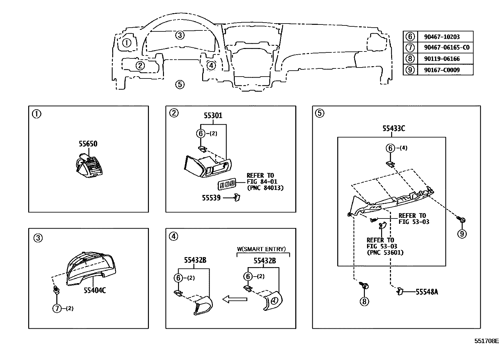 Toyota CAMRY 仪表板和手套箱 EPC diagram — 551708E