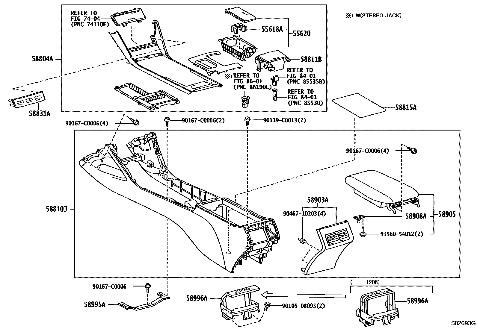 Toyota CAMRY 中央扶手箱和支架 EPC diagram — 582693G