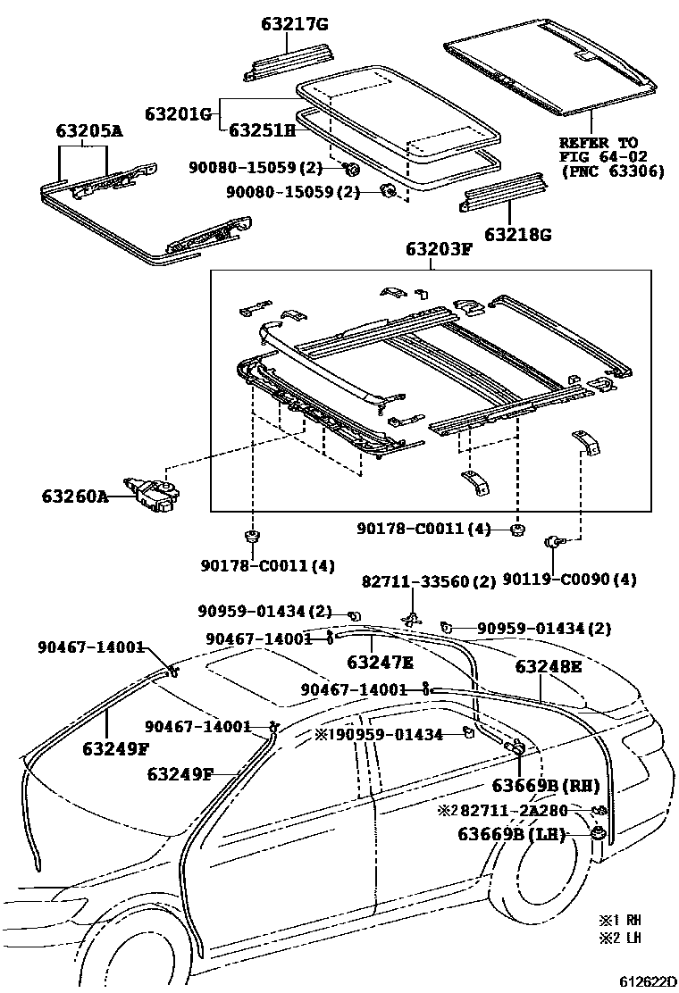 Toyota CAMRY 天窗板和背窗玻璃 EPC diagram — 612622D