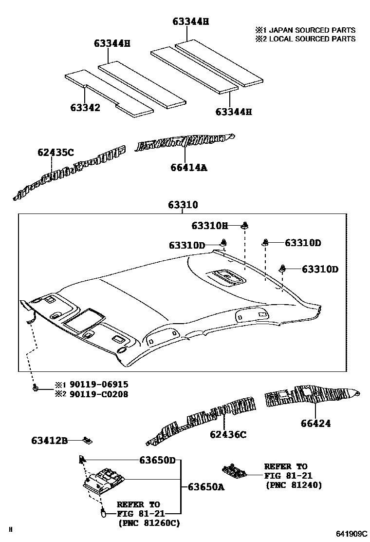 Toyota CAMRY 车顶内衬和消声垫 EPC diagram — 641909C