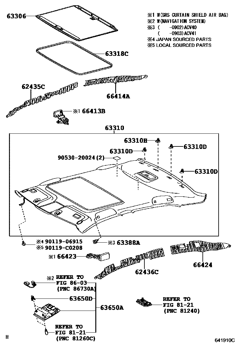 Toyota CAMRY 车顶内衬和消声垫 EPC diagram — 641910C