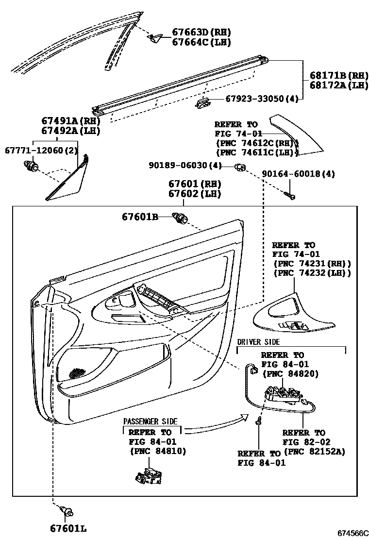 Toyota CAMRY 前门板和前门玻璃 EPC diagram — 674566C