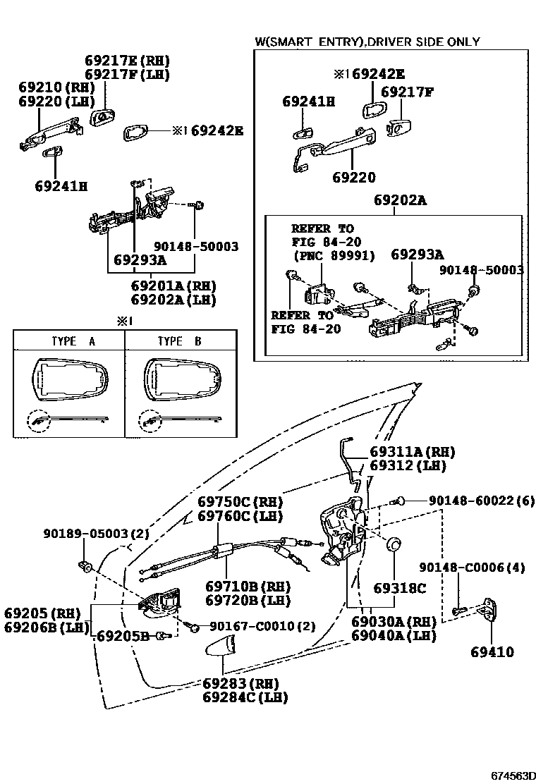 Toyota CAMRY 前门锁和车门把手 EPC diagram — 674563D