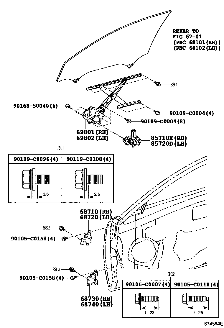 Toyota CAMRY 前门车窗升降器和合页 EPC diagram — 674564E